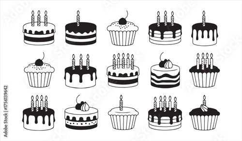Festive Cake Vector Set — Black Silhouette of Candled Birthday Cakes with Dripping Icing for Food Art and Decorative Projects