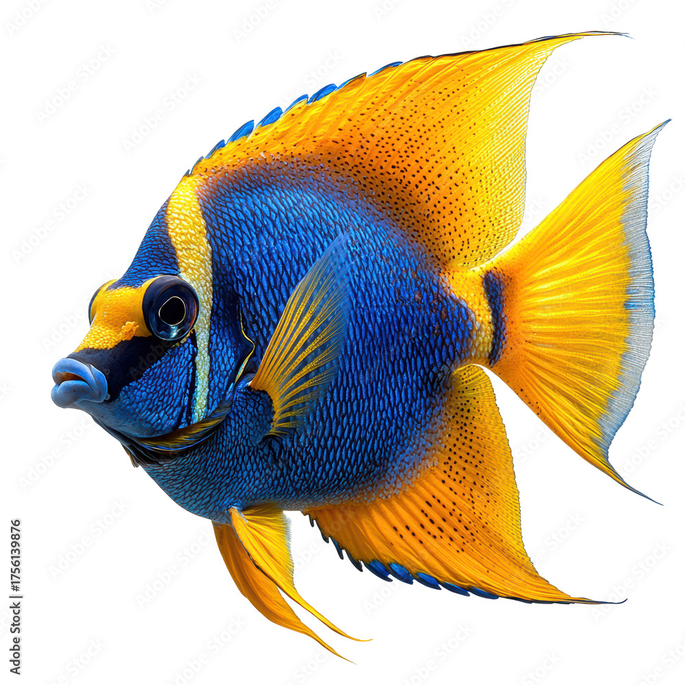 Naklejka premium Vibrant Blue And Yellow Angelfish. Marine Life And Oceanic Beauty Isolated On Transparent Background