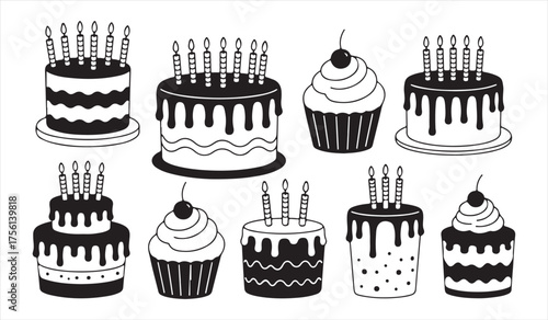 Celebration Cake Vector Bundle — Silhouettes of Layered Sweets with Frosting and Candles for Bakery Art and Dessert Graphics
