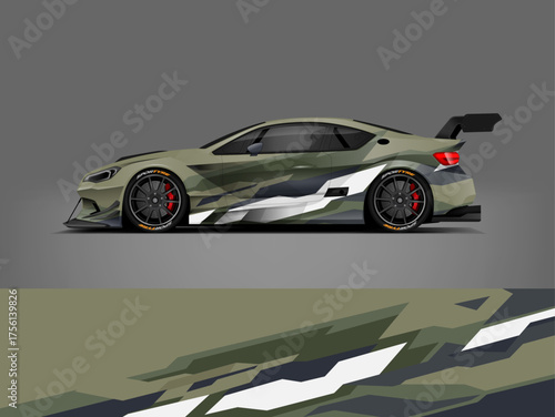 Olive green and gray geometric racing car wrap design with bold angular lines. Provided in fully editable vector EPS format.