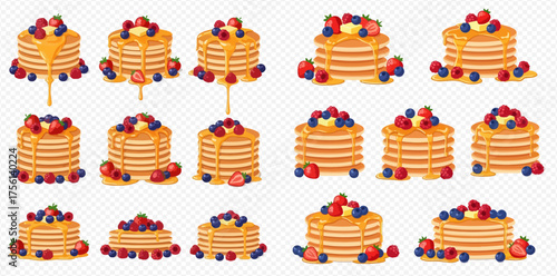 Stacks of pancakes with berries and syrup, arranged in a grid pattern.