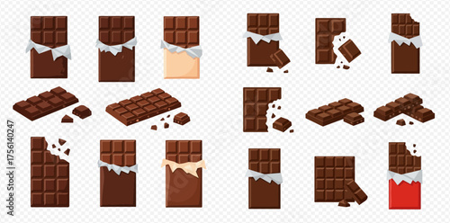 A collection of chocolate bar illustrations, some wrapped, some broken, and some whole, on a transparent background.