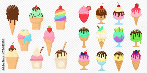 A collection of colorful and whimsical cartoon ice cream cones and sundaes.