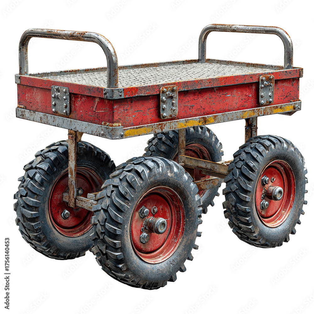 Fototapeta premium Heavy-Duty Industrial Cart With Large Off-Road Wheels. Rugged Transport Solution For Tough Environments Isolated On Transparent Background