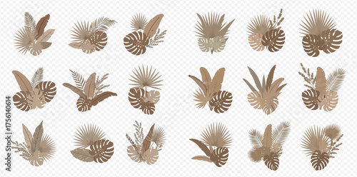 Beige botanical arrangements featuring monstera leaves and pampas grass.