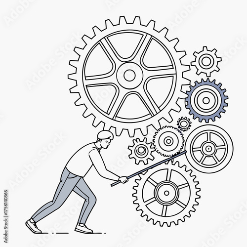 Vector art of man pushing gears