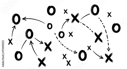 Hand-Drawn Football Play Diagram for Team Strategy, Tactics, and Game Planning on Whiteboard with Arrows and Xs and Os, Explaining Offensive and Defensive Strategy, Sporting Team Communication, Sport
