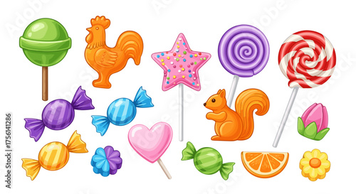 Colorful Candies and Treats Still Life Composition, Ideal for Confectionery or Sweet Shop, Featuring Lollipops, Fruit Slices, Animal Shapes for Children's Party Invitations and Celebrations, Promoting