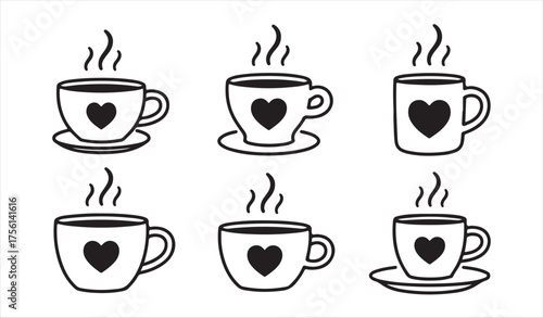 Coffee and Tea Cup Illustration Set — Warm Beverage Vector Icons with Heart Symbols for Graphic Design and Café Branding