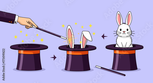 Magical Rabbit Trick Illustration: Conjuring a Cute Bunny from a Classic Top Hat with a Magic Wand, Cartoon Style, Perfect for Children's Entertainment, Party Invitations, Creative Arts, Education, an