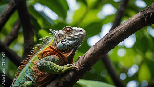 A chamelon is on a leafy tree branch in a closeup photo.