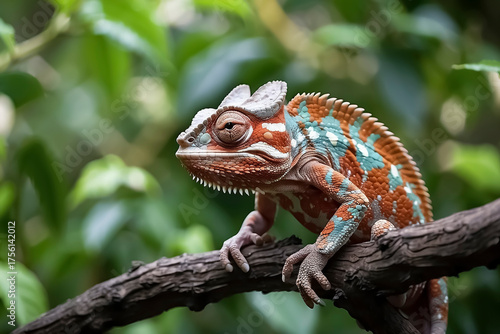 A chamelon is on a leafy tree branch in a closeup photo.