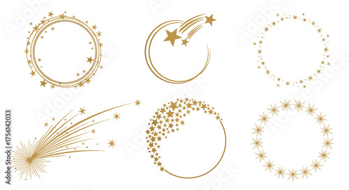 Celestial Golden Starry Frames and Comet Graphic Elements Isolated on White Background for Cosmic Designs, Festive Celebrations, Astrology, and Night Sky Concepts with Elegant Decoration for Presentat