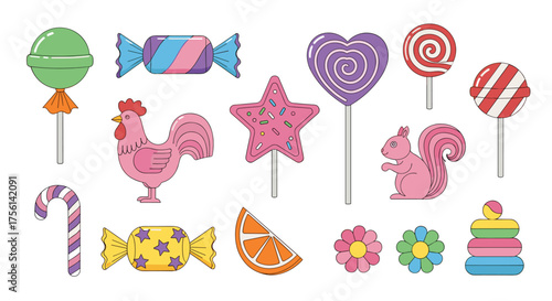 Colorful Candy and Sweets Collection Whimsical Illustration Featuring Lollipops, Hard Candies, Cartoon Animals, and Stacking Toy on White Background for Children's Designs and Creative Projects Full 2