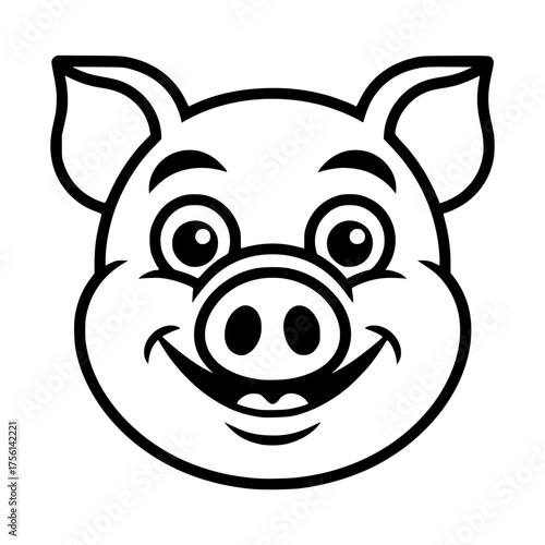 Smiling Pig Portrait: A charming cartoon illustration of a friendly pig face, showcasing its endearing features and cheerful expression.