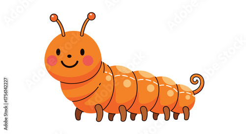 Cartoon Caterpillar Crawling on White Background for Children's Story Illustration, Education, and Nature Learning. Cheerful Insect Character with Cute Face, Antennae, and Happy Smile, Perfect for Gra