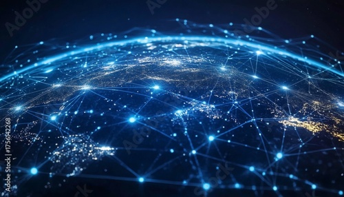 Wallpaper Mural The illustration shows a detailed visualization of interconnected nodes across the globe, symbolizing a complex network at night. Torontodigital.ca