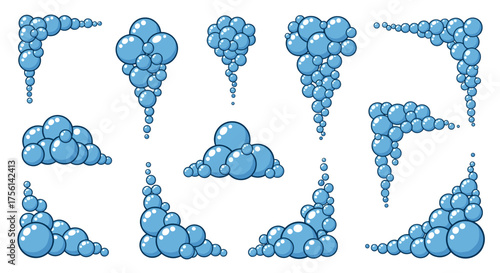 Cartoon Bubbles Collection: Playful Underwater Elements for Kids' Designs & Clean Beauty Product Presentation – Isolated Vector Set of Soapy Frames, Corners, Clouds, and Clusters for Spa, Bathroom, Sk