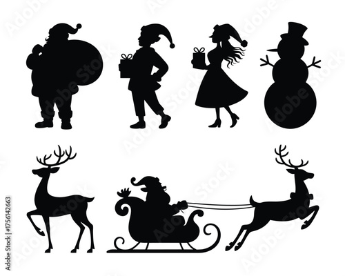 Elegant black silhouette collection festive christmas characters and reindeer sleigh vector illustration for eps vector illustration white background