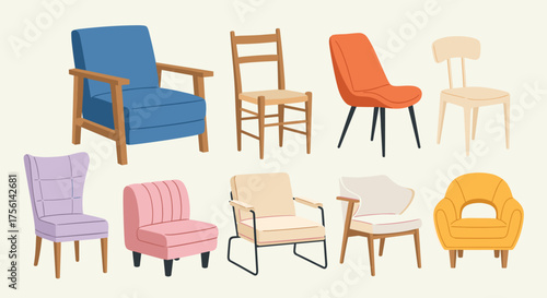 Colorful Collection of Chairs in Interior Design Setting, Diverse Seating Options for Home Decor, Furniture Variety for Creative Presentation Backgrounds, Modern Minimalist Style Illustration, Retro V