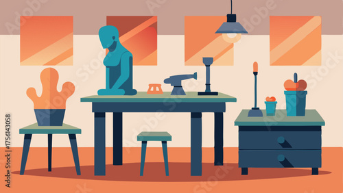 A corner dedicated to sculpture with large tables for working with clay and metal tools for shaping and carving.