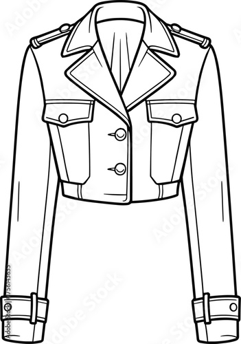 Cropped military style jacket fashion flat sketch, black and white line drawing, technical garment illustration, structured coat design, apparel construction reference