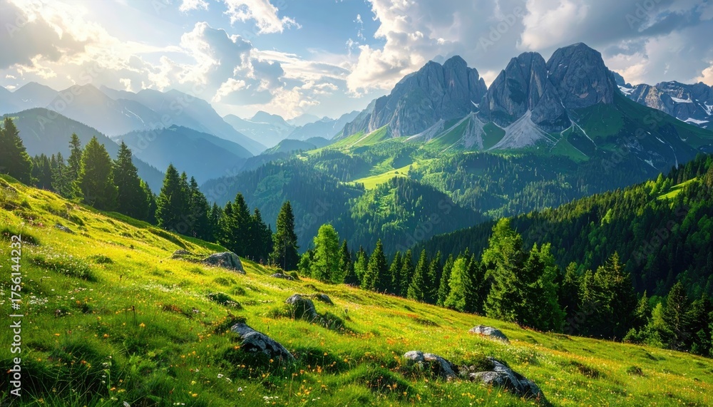 Fototapeta premium Mountain Meadow Landscape with Sunlit Peaks