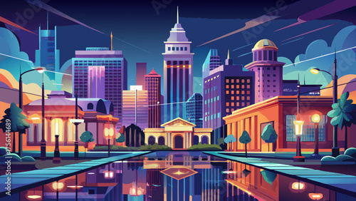 Very beautiful downtown Mobile, Alabama, USA at night, featuring illuminated city buildings, glowing streetlights, reflections on wet streets, and a vibrant urban atmosphere under a dark sky.