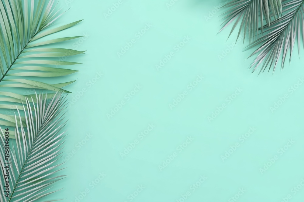 Fototapeta premium Tropical Leaf Composition: Refreshing palm leaves artfully arranged over a soft, aqua backdrop evoke a sense of calm and natural elegance.