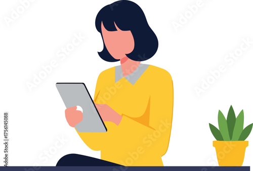 Professional woman working on her tablet in bright modern office, bringing a fresh, modern look to your projects with this vibrant illustration