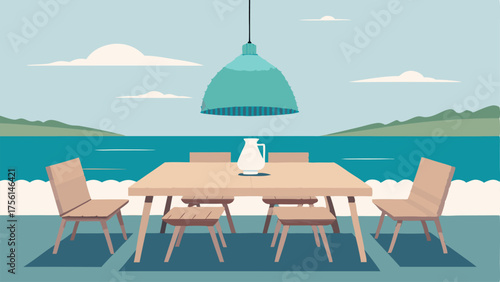 A coastalinspired outdoor dining area with a weathered wood dining table and bench and woven chairs. An oversized statement pendant light in a sea glass hue hangs above the table.