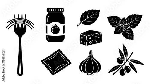 Minimalist Black Silhouettes of Italian Food Ingredients and Utensils