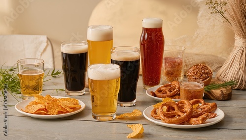 Assorted beers and snacks a...