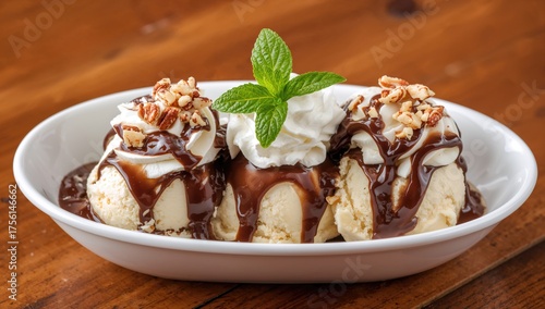 Tasty banana split ice crea...