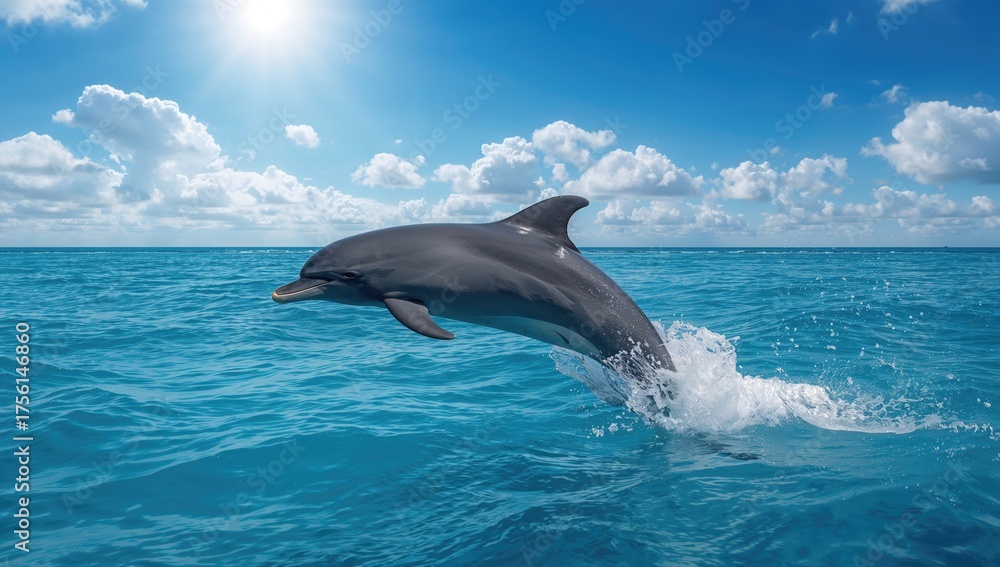 Fototapeta premium Marine Mammal Leaping Out of Ocean Beneath a Clear Sky with Sunlight