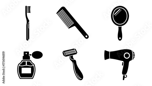 Clean Black Silhouette Icons of Personal Grooming Objects with Simple Shapes