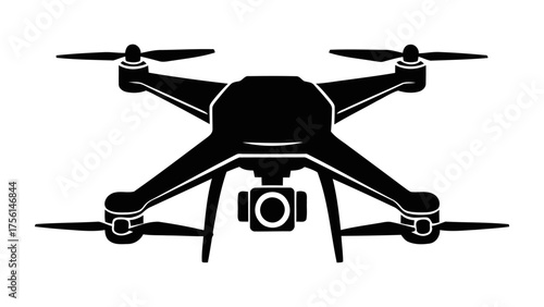 Black Silhouette Quadcopter Drone Icon with Camera Vector