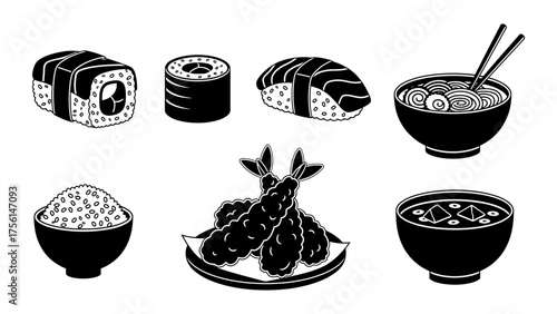 Simple Black and White Icons of Popular Japanese Dishes