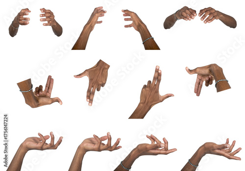 Hand hold gesture with open palm and outstretched fingers. Black skin male reaching forward in grasp