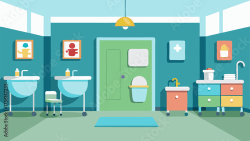 A clean and wellmaintained restroom with baby changing stations.