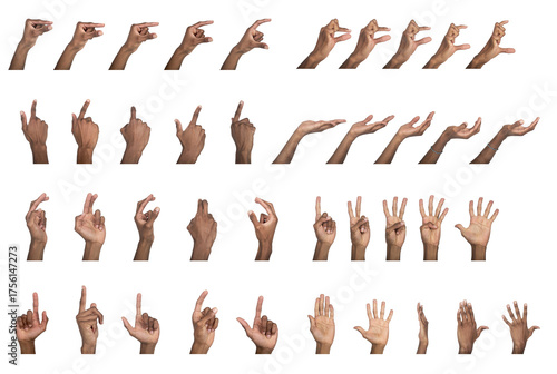 Hand gesture set with fingers pointing, counting, and touching. Black skin male making various