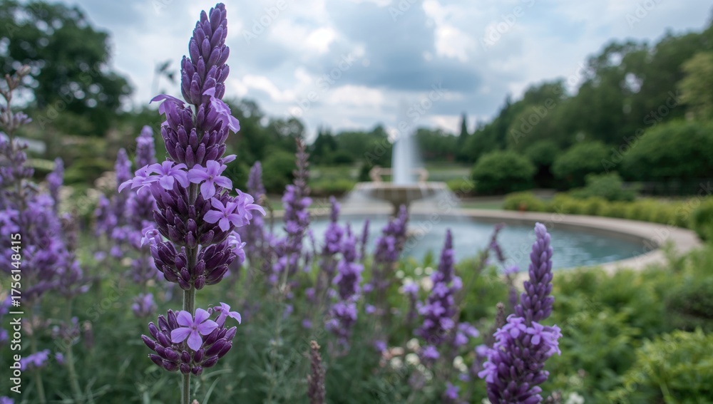 Obraz premium Close-up of a stunning lavender flower with a garden and water feature in the background