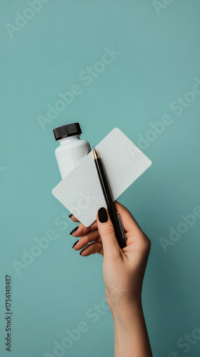 Female hand is holding white pill bottle, black pen and prescription pad. This visual communicates the prescription process. Vertical photo.