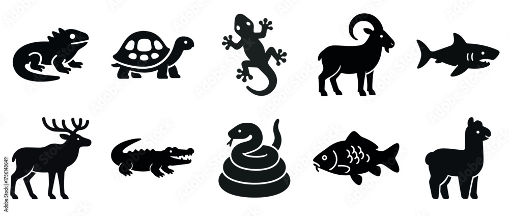 Fototapeta premium Silhouette icons of various animals including reptiles, mammals, and fish