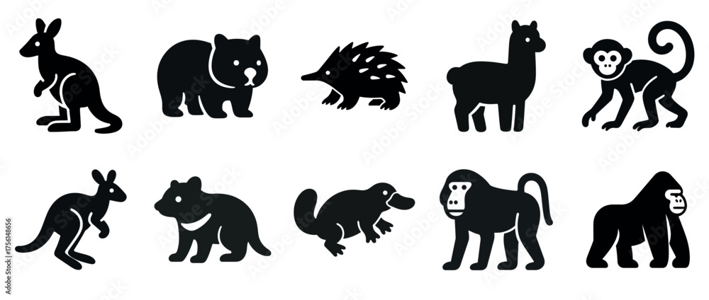 Naklejka premium Set of australian and exotic animal silhouettes including kangaroo, koala, monkey, and gorilla