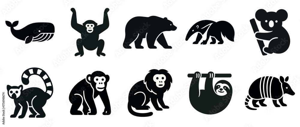 Obraz premium Silhouette icons of various animals: whale, monkey, bear, anteater, koala, lemur, lion, sloth, armadillo