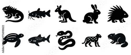 Silhouette icons of diverse animal species in black silhouette design