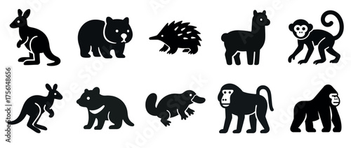 Set of australian and exotic animal silhouettes including kangaroo, koala, monkey, and gorilla