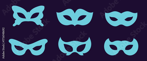 Black mask big icon set. Mask superhero carnival. Different masks silhouette. Black masquerade costume eye mask. Vector illustration.