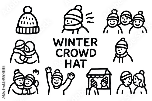 Black outline icons representing winter activities and hats, featuring people wearing beanies, couples enjoying the cold weather, and a market stall with patrons.